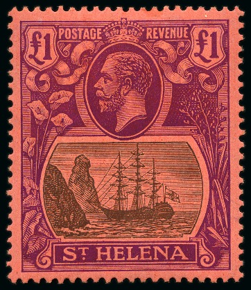 Stamp of St. Helena 1922-37 £1 Grey & Purple on red mint hr showing constant variety "frame breaks at base of vignette"