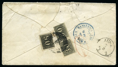 1866 (Jan). Envelope to Kreuznach, Prussia, bearing on reverse 1850 30r pair, cut into at top right, and well margined 90r
