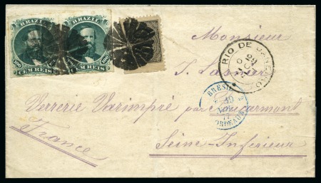 1877 (Oct 29). Folded cover from Rio de Janeiro to Foucarmont, franked at single UPU rate with 1866 perf. 60r in combination with 1876-77 100r pair