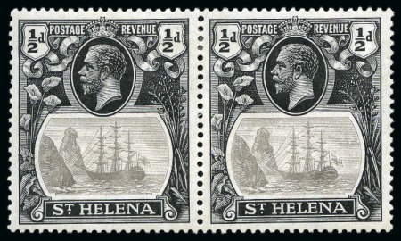 Stamp of St. Helena 1922-37 1/2d Grey & Black showing variety "torn flag", in mint hr pair with normal