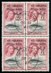 Stamp of St. Helena 1961 Tristan Relief Fund set of four in BLOCKS OF FOUR with "ST. HELENA" OC 12 61 cds on the FIRST DAY OF ISSUE