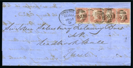 Stamp of Great Britain » 1854-70 Perforated Line Engraved 1857 1d Pale Rose pl.40 TH-TK strip of four tied to a cover by the Chester "180" spoon duplex