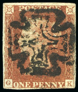 1841 1d Red pl.10 (from black plate) GK, close to good margins, cancelled by distinctive Manchester Fishtail MC