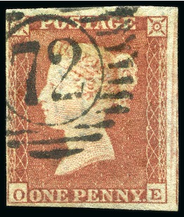 1852 1d Red pl. 153 OE Alphabet II in State II showing the transfer roller line in the right hand margin