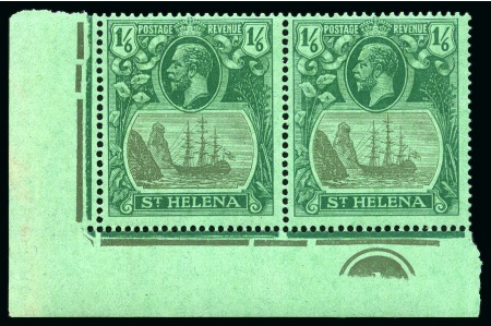 Stamp of St. Helena 1922-37 1s6d Grey & Green on green showing variety "broken mainmast", in mint nh lower left corner marginal pair with plate number