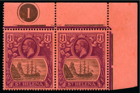 Stamp of St. Helena 1922-37 £1 Grey & Purple on red in mint nh upper right corner marginal pair with plate number
