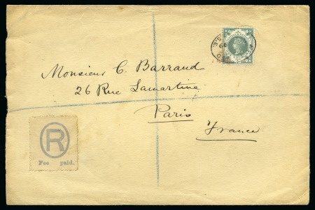18871-1900 Jubilee issue 1s dull green tied to a 1899 registered envelope by an oval cance