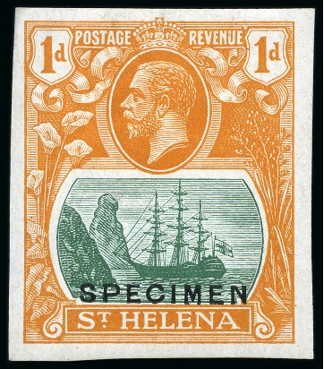 Stamp of St. Helena 1922-37 1d Colour trial in green & orange, imperf. with SPECIMEN overprint