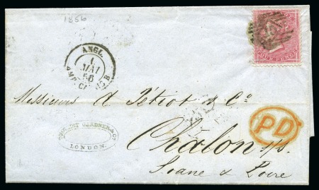 Stamp of Great Britain » 1855-1900 Surface Printed » 1855-57 No Corner Letters 1856 4d Carmine Medium Garter on Cover to France 