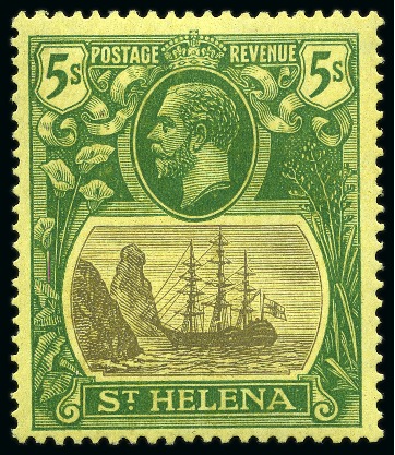 Stamp of St. Helena 1922-37 5s Grey & Green on yellow showing variety "broken mainmast", mint