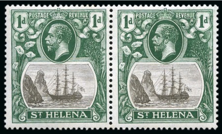 Stamp of St. Helena 1922-37 1d Grey & Green showing varieties "torn flag" and "broken mainmast" in two mint lh horizontal pairs
