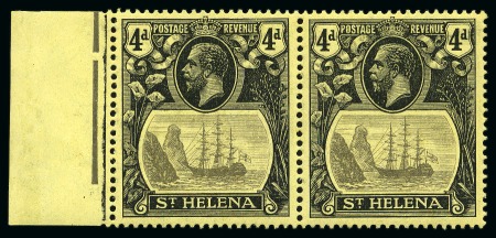 Stamp of St. Helena 1922-37 4d Grey & Black on yellow showing variety "broken mainmast" in mint lh horizontal pair with normal