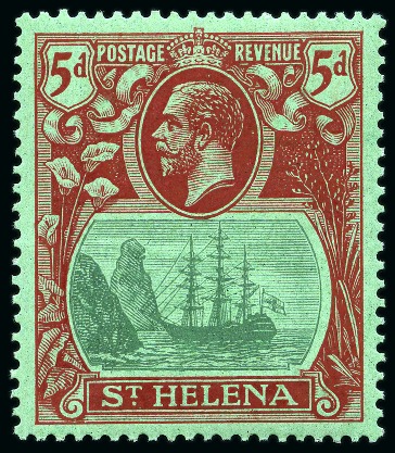 Stamp of St. Helena 1922-37 5d Green & Deep Carmine on green showing variety "cleft rock", mint