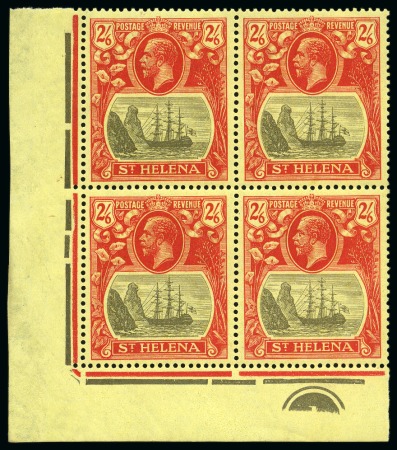Stamp of St. Helena 1922-37 2s6d Grey & Red on yellow showing variety "cleft rock" on lower left stamp in mint nh lower left corner marginal pair with plate number