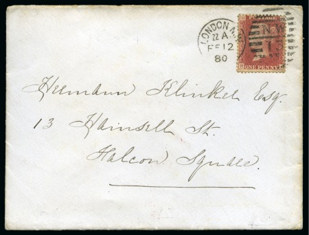Stamp of Great Britain » 1854-70 Perforated Line Engraved 1880 1d Red Pl. 224 RH tied to envelope
