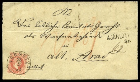 Stamp of Austria » 1867 Issue used in Hungary 1869 (26.2) Folded entire from Versetz to Arad, franked 1867 5kr. red on front, plus 2kr. yellow, pair and strip of three