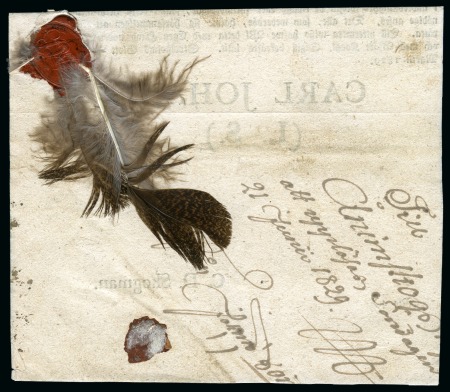 Stamp of Sweden 1829 Folded entire from Stockholm to Anismkog, showing manuscript three symbols of Swedish Crown and complete dark feather