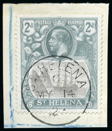 Stamp of St. Helena 1922-37 2d Grey & Slate showing variety "torn flag" tied to small piece