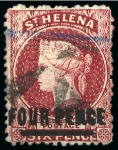 Stamp of St. Helena 1864-80 4d Carmine with DOUBLE SURCHARGE (type B) with one showing words 18mm wide and other 19mm wide, used