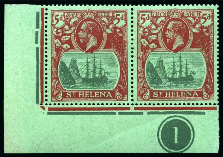 Stamp of St. Helena 1922-37 5d Green & Deep Carmine on green showing variety "cleft rock" in mint hr lower left corner plate marginal pair