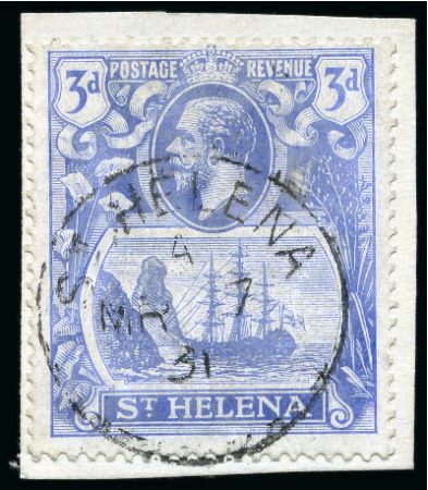 Stamp of St. Helena 1922-37 3d Bright Blue showing variety "torn flag" tied to small piece