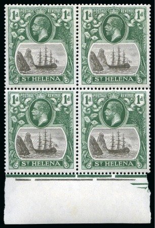 Stamp of St. Helena 1922-37 1d Grey & Green showing variety "torn flag" in mint lower marginal block of four