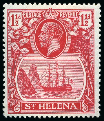 Stamp of St. Helena 1922-37 1 1/2d Deep Carmine-Red from the 1937 printing showing variety "cleft rock", mint