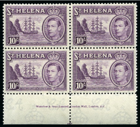 Stamp of St. Helena 1938-44 1/2d to 10s (missing 1s, incl. extra 8d shade) in mint nh blocks of four, mostly in lower marginals showing complete printer's inscription 