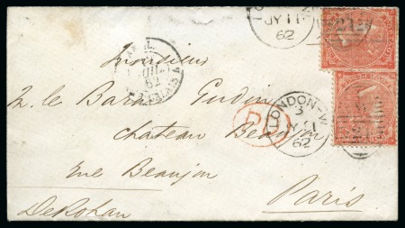 Stamp of Great Britain » 1855-1900 Surface Printed » 1865-67 Large Uncoloured Corner Letters, Wmk Large Garter & Emblems 1862 4d Pale-red Pl. 3 double rate franking to Paris