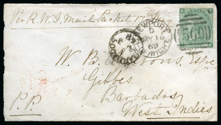 Stamp of Great Britain » 1854-1900 Postal History of the Perforated Line Engraved and Surface Printed Issues 1869 1s Pl. 4 Newport Isle of Wight to Barbados envelope