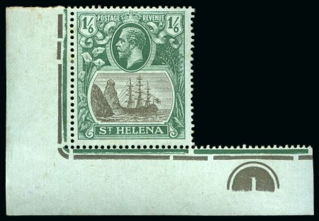 Stamp of St. Helena 1922-37 1s6d Grey & Green on blue-green paper in mint lower left corner marginal single with variety "cleft rock" absent