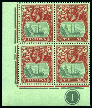 Stamp of St. Helena 1922-37 5d Green & Deep Carmine on green showing variety "cleft rock" in mint lower left corner marginal block of four