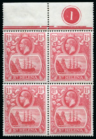 Stamp of St. Helena 1922-37 1 1/2d Rose-Red, two mint nh marginal blocks of four showing varieties "broken mainmast" and "torn flag"