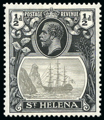 Stamp of St. Helena 1922-37 1/2d Grey & Black, 1d and 2d showing variety "broken mainmast" in mint singles