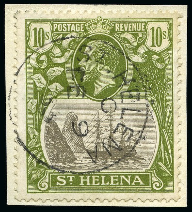 Stamp of St. Helena 1922-37 10s Grey & Olive-Green tied to small piece