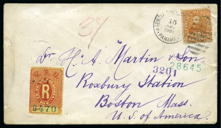 Stamp of Panama 1887 (April 15). Registered cover to Boston, franked by Colombia 1883 regular issue 10c tied by Panama duplex, and 1881 registration 10c, 