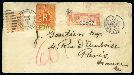 1887 (Sept 4). Registered cover to Paris bearing Colombia 1886 10c tied by dispatch duplex of Panama City, alongside with Colombia 1883 registration 10c 