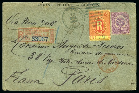 Stamp of Panama 1888 (Jan 13). Registered cover to Paris, franked at up to 30 grams rate with Colombia 1883 20c and 1883 UPU registration 10c 