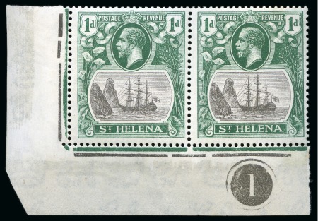 Stamp of St. Helena 1922-37 1d Grey & Green and 1 1/2d Rose-Red showing variety "cleft rock" in matching mint lower left corner marginal pairs with plate number