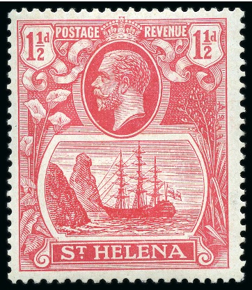 Stamp of St. Helena 1922-37 1 1/2d Rose-Red and 3d Bright Blue showing variety "torn flag"