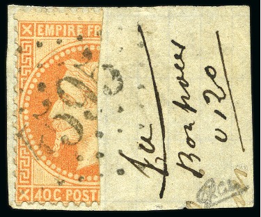 Stamp of France VERY RARE BISECT ON PIECE - 1868 Empire Laureate 40c orange VERTICAL BISECT tied to fragment