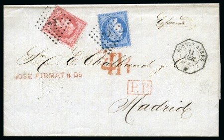 Stamp of Argentina » French Post Offices French P.O. 1874 (Dec 11) Folded cover to Madrid with mixed Empire 80c and Cérès 25c