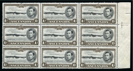 1938-53 1s Black & Sepia perf. 13 1/2 showing variety "re-entered right frame" on pos.R6/4, in mint right marginal block of 9