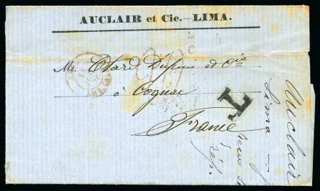 Stamp of Peru 1878 (June) Folded cover to Cognac, "20c" due marking applied on printed matter mail