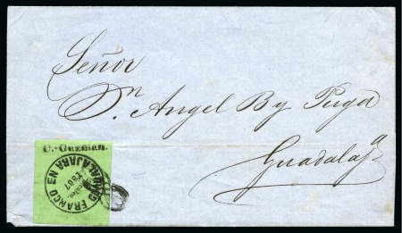 Stamp of Mexico » Guadalajara 1867, first printing, overprinted "C.-Guzman.", 2r on green medium wove paper, tied by 'bow' fancy cancel on undated cover 