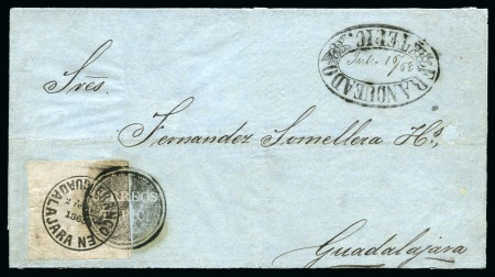 Stamp of Mexico » Guadalajara 1868, fourth printing, 2r on lilac imperforate wove paper, large margins all around, used on 1868, July 16 folded cover to Guadalajara, tied by superb negative "CORREOS/TEPIC"