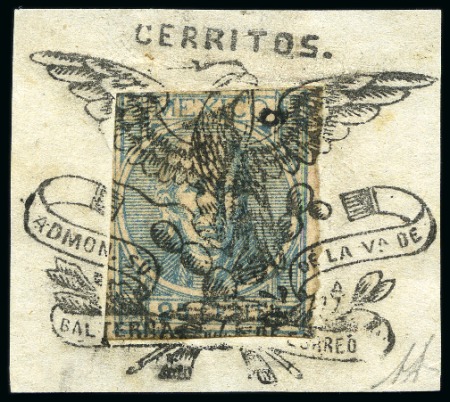 1868, 25c blue on pink, tied to piece by "CERRITOS/ADMON. SU-BALTERNA DE CORREO DE LA VA. DE" 