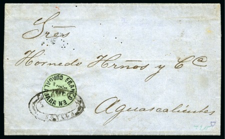 Stamp of Mexico » Guadalajara 1867, second printing, 2r on green thin quadrille paper, on cover from Sayula