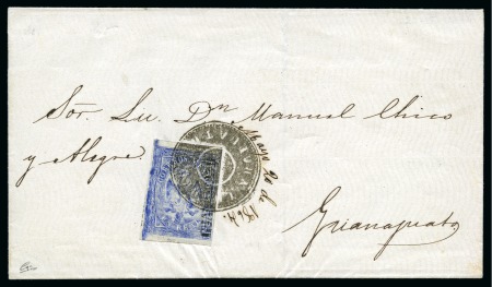 1864, 1r ultramarine, "GUANAJUATO" 1st period,  on cover tied by "CORREOS/YRAPUATO" (Schatzkès 497) 