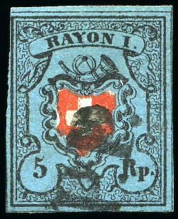 Stamp of Switzerland / Schweiz » Rayonmarken » Rayon I, dunkelblau ohne Kreuzeinfassung 5 Rp. dunkelblau ohne KE, Type 12, sauber gestempelt mit schwarzem PP von Zürich